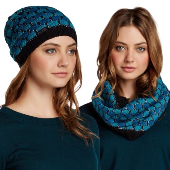 NWT KENSIE Knit Beanie & Infinity Scarf Set 2PCs Blue Turquoise Geometric - Picture 1 of 16